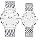 Kubagom Paar Uhren Analog Quarz Edelstahl Wasserdicht Mesh Ultradünne Set für Sie und Ihn (Weiß Oberfläche,Silber Armband)