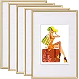 WOLTU BR9862gd-5 Bilderrahmen 5er Set mit Passepartout Kunststoff Rahmen, Glasvorderseite, Gold, 21x29,7 cm(DIN A4)