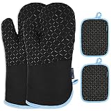 AivaToba Ofenhandschuhe und Topflappen Set,Hitzebeständig Topflappen Handschuh Set rutschfeste Topfhandschuhe Baumwolle bis zu 300°C für Kochen Backen Grillen, Schw