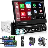 Hikity Autoradio mit Bluetooth Freisprecheinrichtung Carplay Autoradio mit 7 Zoll Bildschirm 1 Din Manuelle Ausfahrbarem Display Touchscreen Auto Radio FM USB AUX TF Mirror Link + RüCkfahrk