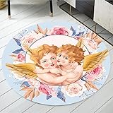 GTGX HK Engel Ölgemälde Runder Bereich Teppich Retro Boden Teppiche for Wohnzimmer Schlafzimmer rutschfeste Fußmatte Matte Blume Wings Bodenmatte (Color : Color-1, Size : Diameter 150cm)