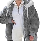 ChIcirly Damen Fleecejacke Teddyjacke Teddy-Fleece Mantel mit Kapuzen und Reißverschluss Teddy Hoodie Kapuzenjacke Damen Faux Fur Pelzmantel Fellmantel Wollmantel Sweatshirt Jack