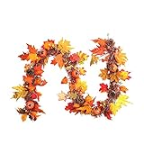 Künstliche Eichelblatt-Girlanden mit 18 m LED-Licht, Eichelblatt-Beeren, Tannenzapfen, Kürbis-Girlande mit Hörnern, hängende Ranke, Herbst-Dekoration für Thanksgiving, Halloween, Kamin, Tü