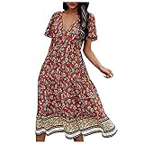 UOCUFY Partykleid,Damen Sommerkleid Lang Kurzarm Hohe Taille Maxikleid Casual Lose Freizeitkleid Einfarbig/Blumen Mit T