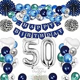 TOPLDSM 50 Geburtstag Männer, 50 Geburtstag Dekoration, Geburtstagsdeko Mann 50 Jahre, Luftballons 50 Geburtstag mit Blau Happy Birthday Banner,Silber Folienballon 50er für Deko 50 Geburtstag M