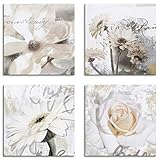 Artland Leinwandbilder auf Holz Wandbild Bild Set 4 teilig je 30x30 cm Quadratisch Natur Blumen Kunst Weiß Magnolie Gerberas Rosen in Buchstaben K2UD