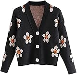 nicticsi Strickjacke Damen Y2K Pullover mit Blumenmuster V-Ausschnitt Langarm Vintage Preppy Stil Strickpullover Floral Print Cardigan H Schwarz Einheitsgröß