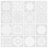 16-teiliges Mandala-Form-Kunstset, wiederverwendbare Bastelfliesenform, 6x6-Zoll-Laserschneid-Malvorlage für Airbrush, Möbelbodenfliesen, Wandkunst und Steinfelsen, H