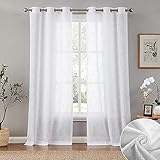 Carvapet Weiß Gardinen Transparent Vorhänge Leinen Optik Voile Ösenvorhang für Wohnzimmer Schlafzimmer, 2er Set 225x140