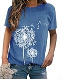 WIEIYM Damen Kurzarm T-Shirt Löwenzahn Drucken Tshirt Tops Sommer Basic Tee Shirt Frauen Leicht Tunika Jugendlich Mädchen Mode Rundhals Bluse Oberteile (Hellblau, XL