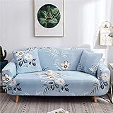 ZHBH Sofa Schonbezug Stretch Elastischer Stoff Weißes Blumenmuster Loveseat Couch Sofa Blaue Sofabezüge-Polyester Spandex Bedruckte Sofa Schonbezüge Möbelschutzbezug, 1 Kissenbezug (3-Sitzer)