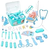 deAO 4 IN 1 Kinder Rollenspiel Zahnarzt, Arzt, Krankenschwester, Sehtest-Medizinisches Kit mit Lichtfunktionen, Stethoskop und medizinischem Zubehör zum Spielen (Blau)