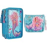 Depesche 10979 TOPModel Fantasy - Gefüllte 3-Fach Federtasche im Mermaid Design, Federmappe & 10981 TOPModel Fantasy - Portemonnaie im türkisen Mermaid Design, Geldbörse mit Fächern für Mü