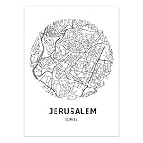 Leinwand Bild,Israel Jerusalem Stadtplan Schwarz Weiß Einfache Minimalistische Kunst Wandbild Bild Poster, Moderne Vertikale Malerei Cafe Office Home Decor Nordischen Stil, 50X70Cm / 19,6 * 27,5 I