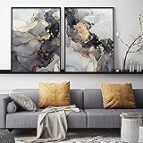 AdoDecor Schwarz und Gold Marmor Wanddekoration auf grau abstrakte Leinwand Malerei Wandkunst Druck Dekoration Bild 50x70cmx2 Kein R