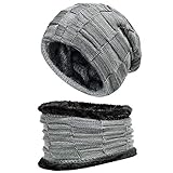 SPGOOD Wintermütze Strickmütze Schal Herren Damen Winter Warme Beanie Mütze mit Schal Winter Set Wolle Strickschal mit Dick Fleecefutter Winterschal, Grau, Einheitsgröß