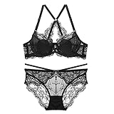 WENJUN Damen Bügel-BH und Höschen, Netzstoff, ungefüttert, sexy Blumen-Spitze, Bralettes in Übergröße (Farbe: Schwarz, Größe: 75F)