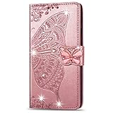 Handyhülle kompatibel mit Apple iPhone 7 8 SE 2020 Hülle Leder Glitzer Diamant Bling Tasche Flip Case Cover mit Kartenfach für Mädchen Frauen - Schmetterling Roség