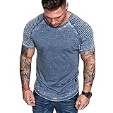 CFWL Herren LäSsig Zerknittert Einfarbig T-Shirt LäSsig Sportmode Kurzarm T-Shirt Sommer Kurzarm-Hemden Herren-Leinenshirt Schmale Passform Gestreift Hemd Aus Bambusfaser Blau M