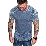 CFWL Herren LäSsig Zerknittert Einfarbig T-Shirt LäSsig Sportmode Kurzarm T-Shirt Sommer Umweltfreudlich Elastisch Slim Fit FüR Freizeit Business Hochzeit Reine Farbe Herren-Hemd Hemd Blau XXXL