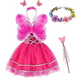 Tacobear 5 Stück Feenkostüm Kinder mit Feenflügel Feenkleid Blumenkranz Haare Schmetterling Fee Haarreif Haarband Feen Zauberstab Halloween Party Prinzessin Fee Kostüm Zubehör für Mädchen (Dunkelpink)