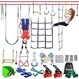 Dripex Ninja Slackline Set 15M Anfänger Slacklines mit dem zusätzliche Kletternetz, Schaukel und Strickleiter, hängen Hindernisse Training Kurs Set Klettertau für Kinder, Anfänger und F