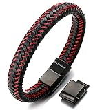 Halukakah ● Jazz ● Herren-Armband Handgefertigt | Echtleder Schwarz | Magnetverschluss Edelstahl Schwarz | Stahldraht Rot | Schmuckschachtel | Tolle Geschenkidee | Größe Einstellbar 21.5cm-23