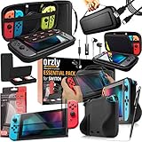 Orzly Switch Accesoires, Zubehör für Nintendo Switch (Panzerglas Schutzfolien, USB Ladekabel, Konsole Tragetasche, Spiele Patronenhülse, Comfort Grip Case, Kopfhörer)-SCHWARZ