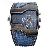 JewelryWe Herrenuhren Analog Quarz Casual Armbanduhr Blau Leder Armband Sportuht mit Digital Zifferblatt Vatertagsgeschenk