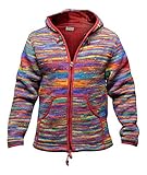 Wolljacke mit Kapuze, Handgestrick, Grün, Rot Batik, Festival, Hippy,Boho,Superwarm - Rot Mix, XL