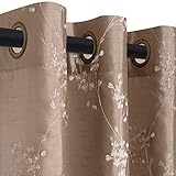 TOPICK Blümchen Bestickung Vorhänge mit Ösen künstliche Seide Bestickt Gardinen Schal für Salon (Brown, 140x225cm)