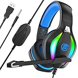 Fachixy Gaming Headset für PS4, PS5, Xbox One, Switch, PC Headset mit Mikrofon USB für Regenbogen RGB Lichter, Stereo Surround Gaming kopfhörer mit Kabel für 3,5MM Buchse, Schwarz B