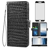 Asuwish Kompatibel mit Samsung Galaxy S6 Edge Wallet Case mit gehärtetem Glas Displayschutzfolie und Flip Cover Kartenhalter Handy Hüllen für Glaxay S6edge 6s 6 s 6edge Damen Herren Schw
