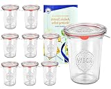 9er Set Original WECK 3/4-Liter Sturzglas, 850 ml, Rundrandglas RR100 + Glasdeckel + Dichtring + Weck-Klammern + GRATIS Rezeptheft, Einmachglas, Einkoch-Set, Einlegen, Einwecken + Konservieren, G