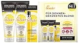 John Frieda Go Blonder Vorteils-Set für blondes Haar - Shampoo, Conditioner, Aufhellungsspray & gratis MegRhythm Augenmaske - Hellt stufenweise auf - Auch für farbbehandeltes Haar, 600