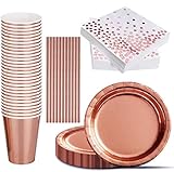 iZoeL 120 STK Rosegold Partygeschirr Set Pappteller Servietten Partybecher Papier Strohhalme je 30Stück für Geburtstag Hochzeit Party Tafeldek