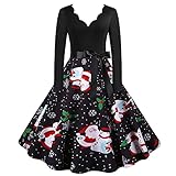 Weihnachtskleid Damen, Kleid Weihnachten Damen, Weihnachts Langarm Rundhals Druck Vintage Kleid Partykleid Christmas Kostüm Cosplay Frauen Christmas Print Langarm 50er Jahre Kleid Party Swing