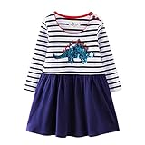 1-7 Jahre Mädchen Langarm Baumwolle Kleid Gestreiftes T-Shirt Top mit Pailletten Tiere Applikationen Solid Rock Kinder Kleider, Blau 2, 3 J
