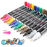 Steine Bemalen Stifte Lackstift Acrylstifte Wasserfest, 12 Farben Permanent Marker Paint Pen Set Schnelltrocknend with 2mm für Stein Schwarzes Papier Glas Kunststoff Keramik Metall Holz DIY