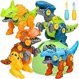 Sanlebi Dinosaurier Montage Spielzeug, 4 Stück Dinosaurier Spielzeug ab 3 4 5 6 Jahre mit Schrauben Dinosaurier Ei DIY Gebäude Spielzeug Geschenke für Kinder Jungen Mädchen 3-7 J