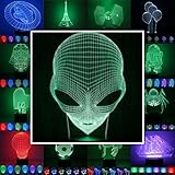 3D Lampe 3D Leuchte 3D LED Stimmungslicht. 7 Farben - Auswahl aus 81 verschiedenen Motiven, hier Alien ca. 24x13cm Inkl.sockel - 3D Illusion Dekolicht mit USB Anschluß und 220V USB N