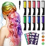 Haarkreide Glitzer Tattoos Set, Kastiny 10 Farben Temporäre Haarfarbe Kamm ungiftig, Haartönung Hair Chalk mit 32 Tattoos Schablonen & 4 Glitzers für Karneval/Halloween/Weihnachten/Party