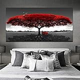 Leinwandbild, HD-Druck, moderne rote Baumbank, Landschaftsgemälde für Wohnzimmer, schwarz und weiß, dekorative Bilder, 20 x 40 cm,
