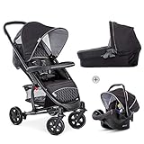 Hauck Kombi Kinderwagen Malibu 4 Trio Set / für Babys ab Geburt / Baby Wanne inkl. Matratze / Reise System mit Autositz / Buggy Sportsitz mit Liegeposition / Kompakt Faltbar / XL Korb / Schw