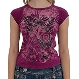 Damen Vintage Fairy Grunge T-Shirt Grafikdruck Crop Tops Kurzarm Rundhalsausschnitt Slim Fit Ästhetik Tee Tops, violett, rot, M