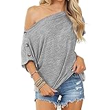 MRULIC Damen Oberteile Einfarbig Schulterfrei Knopf Kurzarm Tops Blusen T-Shirt Top Freizeit Loose Bluse Frauen Pullover(Grau,S)