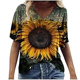 Damen Baggy Oberteile Freizeit Kurzarm T-Shirt Gedruckt Tuniken V-Ausschnitt Basic Tees Sommer Kurzarmshirt Frauen Shirt Kurze Ärmel Damenbluse Tshirts Oversize H