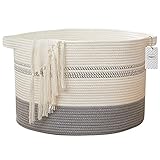 Inwagui Baumwollseilkorb Aufbewahrungskorb Baby Wäschekorb Groß Geflochtener Korb Decke Korb mit Griff für Wohnzimmer Kinderzimmer Decken Kissen und Spielzeug, H33 x D50cm (Weiß/Grau)