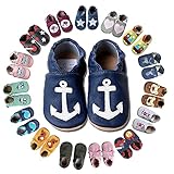 HOBEA-Germany Krabbelschuhe für Jungs und Mädchen in verschiedenen Designs, Kinderhausschuhe Jungen, Lederschuhe, Schuhgröße:18/19 (6-12 Monate), Modell Schuhe:Anker auf dunkelb