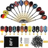 BIFY Dartpfeile mit kunststoffspitze,12 Stück Darts [18g/Stück](Internationaler Standard) 60 Flights 120 Spitzen Brass Darts Aluminum Shafts + 1 Steel Pin und Stoffb